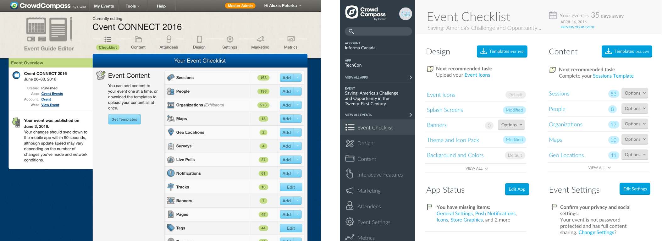 Left: EventCenter before redesign, right: after