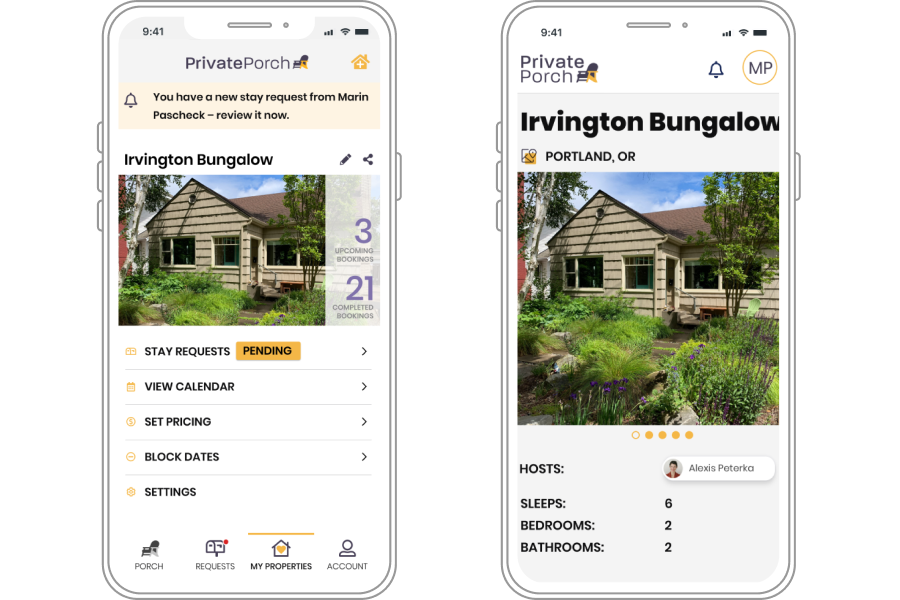 mobile design for the Private Porch app