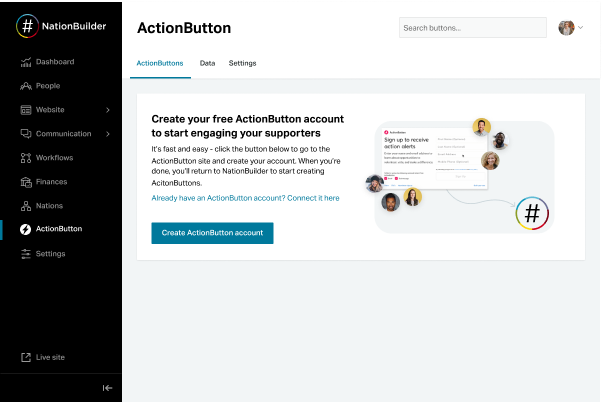 A mockup of accessing ActionButton through NationBuilder